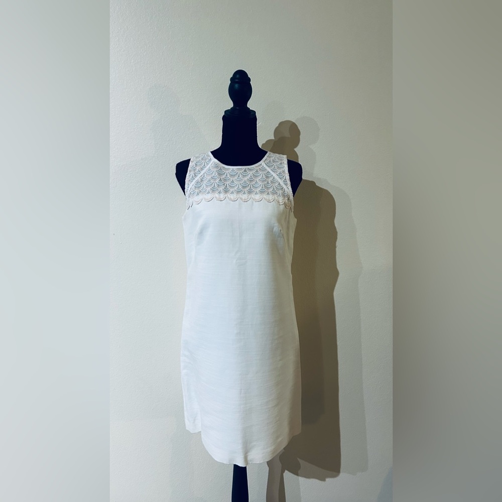 LOFT White Sleeveless Mini Dress with Lace Yoke